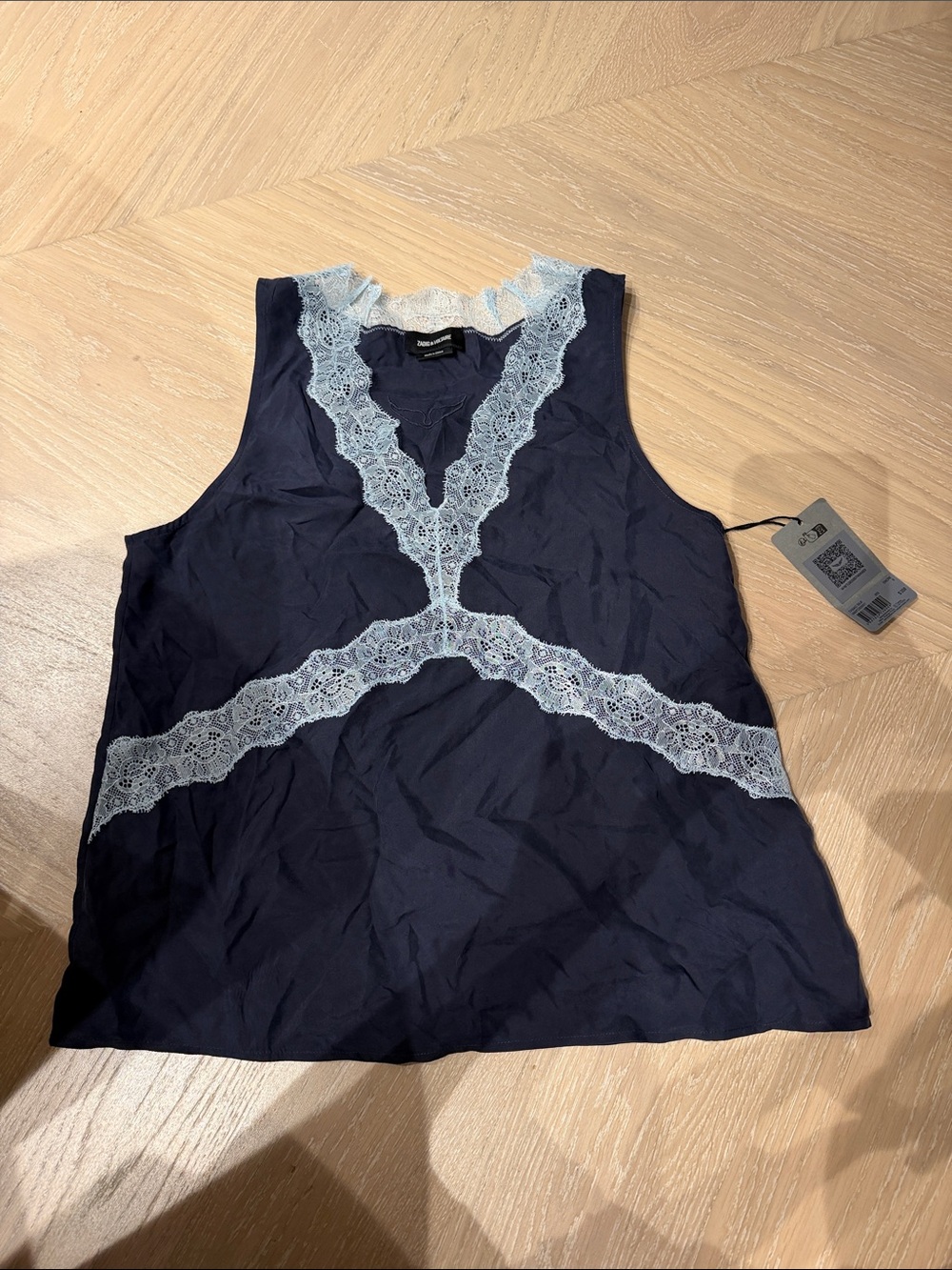 Zadig & Voltaire Navy Camisole with Light Blue Lace Trim